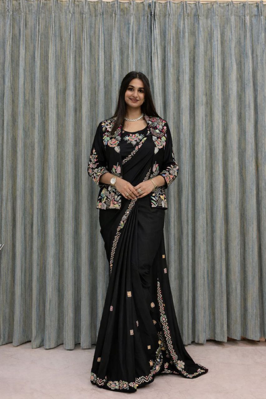 Simhera Threads  Women's Black Designer Saree with Floral Embroidered Jacket