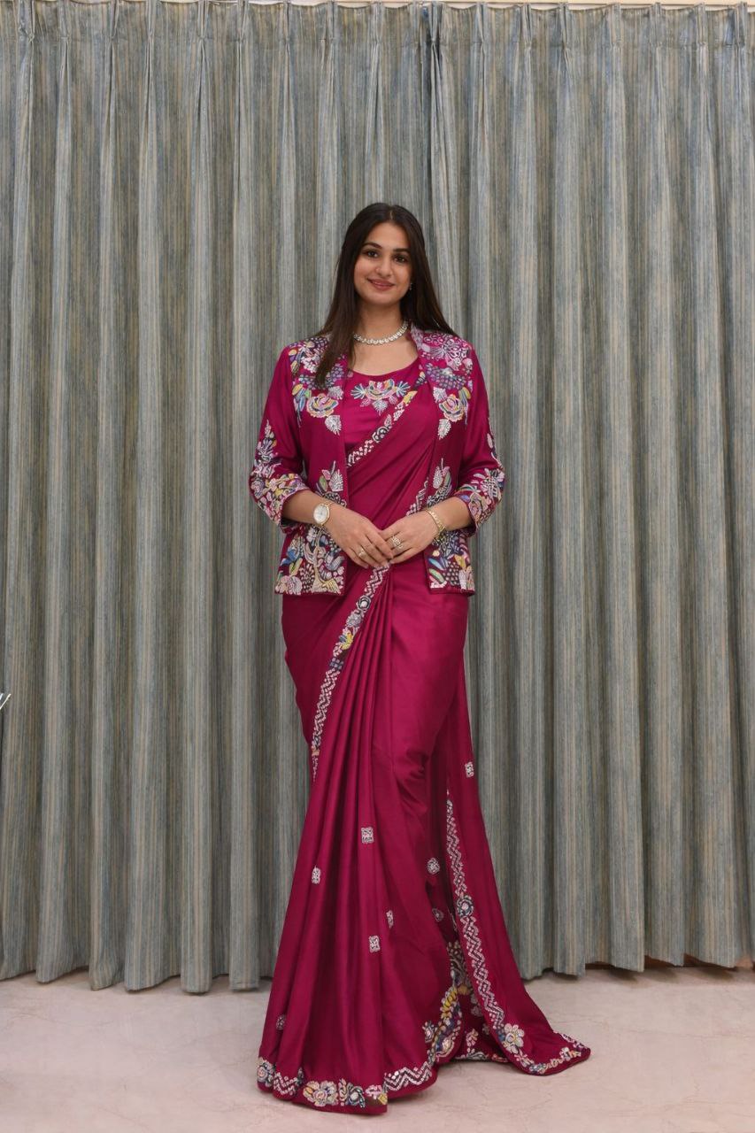 Simhera Threads  Women's Fuchsia Pink Designer Saree with Floral Embroidered Jacket