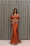 Women's Rust Orange Designer Saree with Floral Embroidered Jacket