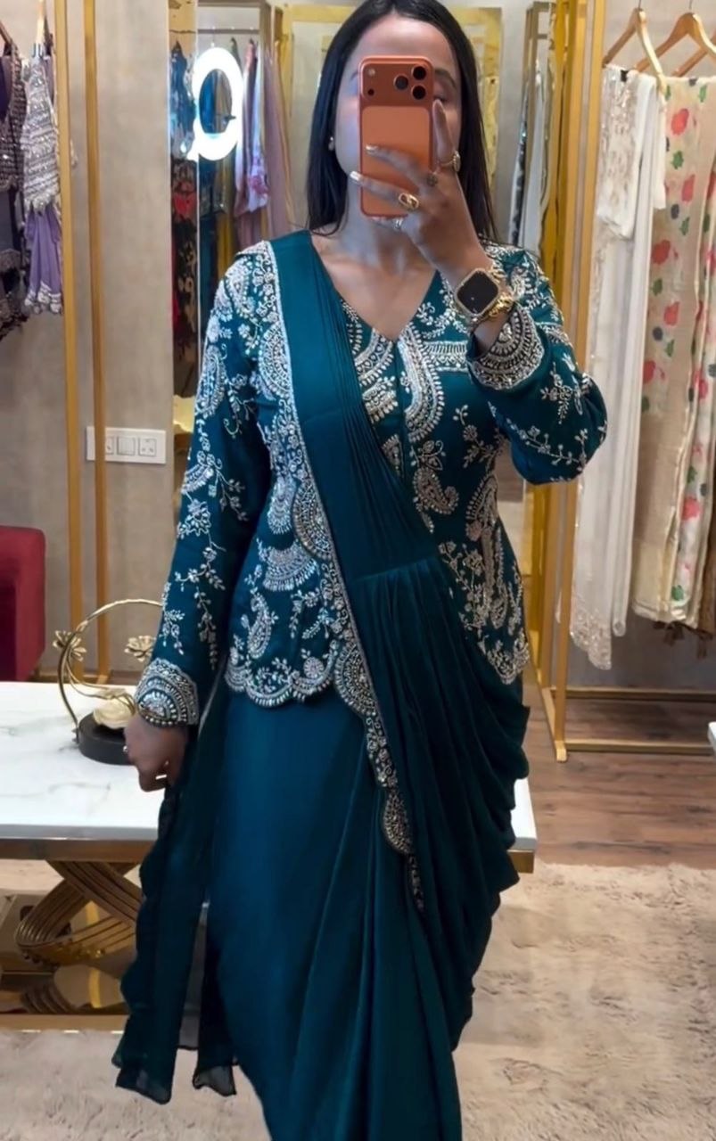 Simhera Threads  Women's Peacock Teal Designer Ready-to-Wear Saree with Heavy Embroidered Jacket