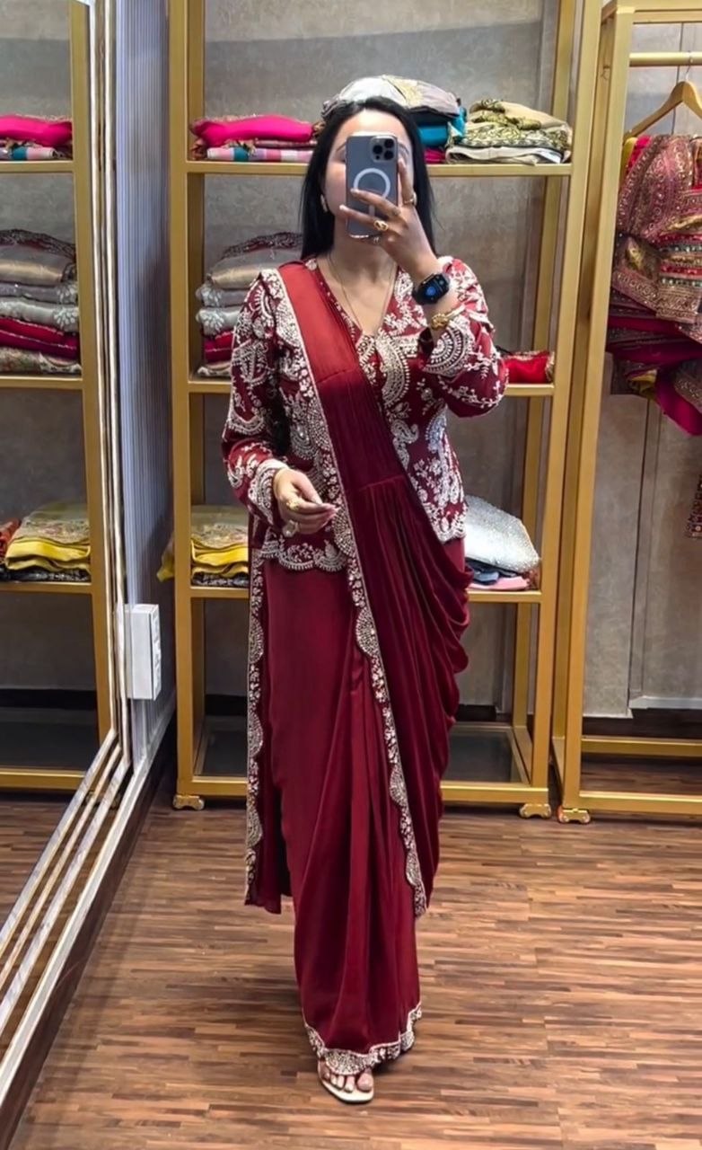 Simhera Threads  Women's Wine Red Designer Ready-to-Wear Saree with Heavy Embroidered Jacket