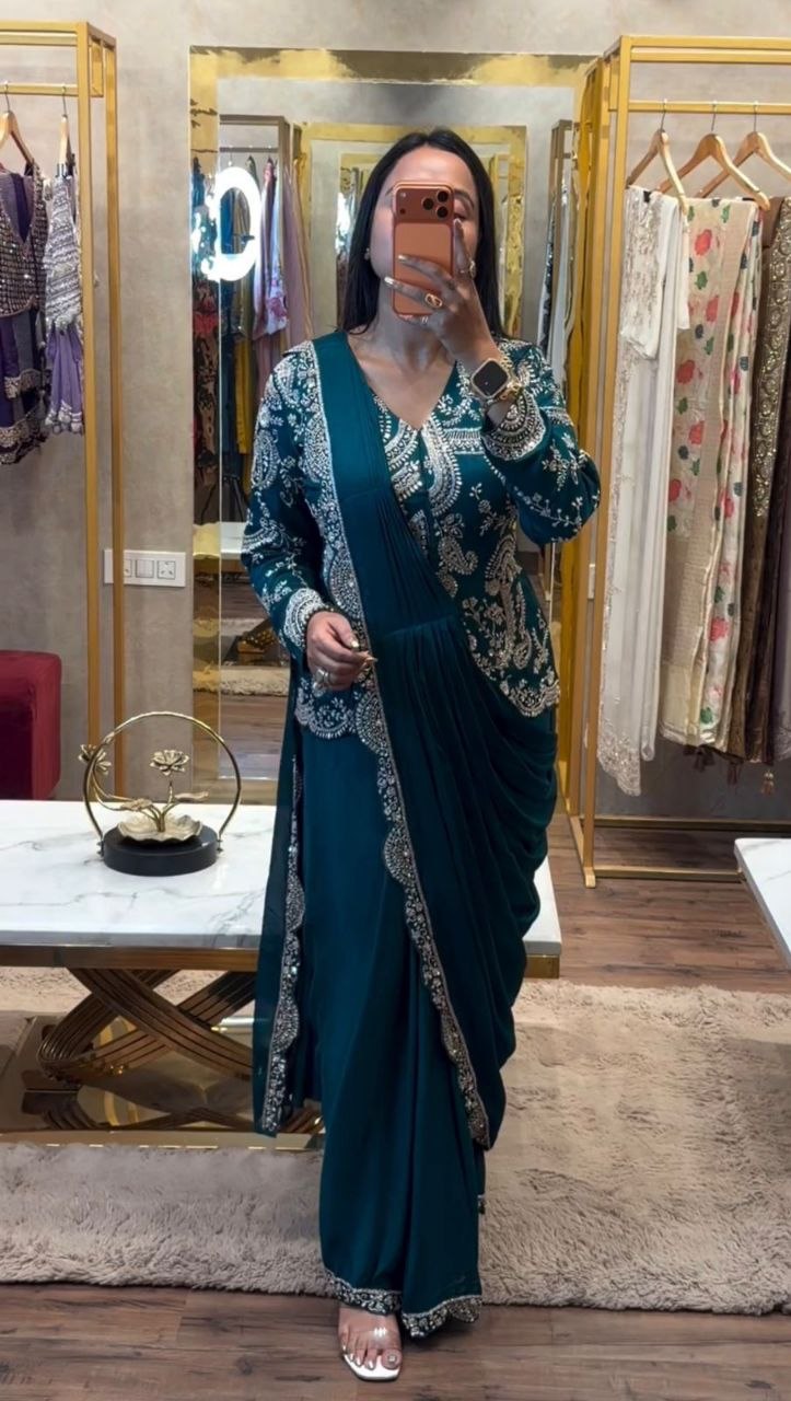 Simhera Threads  Women's Peacock Teal Designer Ready-to-Wear Saree with Heavy Embroidered Jacket