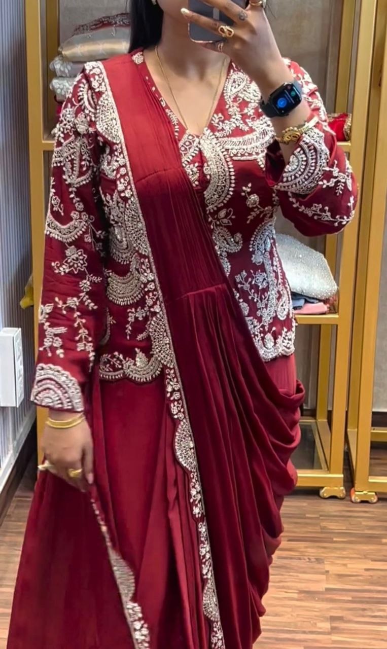 Simhera Threads  Women's Wine Red Designer Ready-to-Wear Saree with Heavy Embroidered Jacket