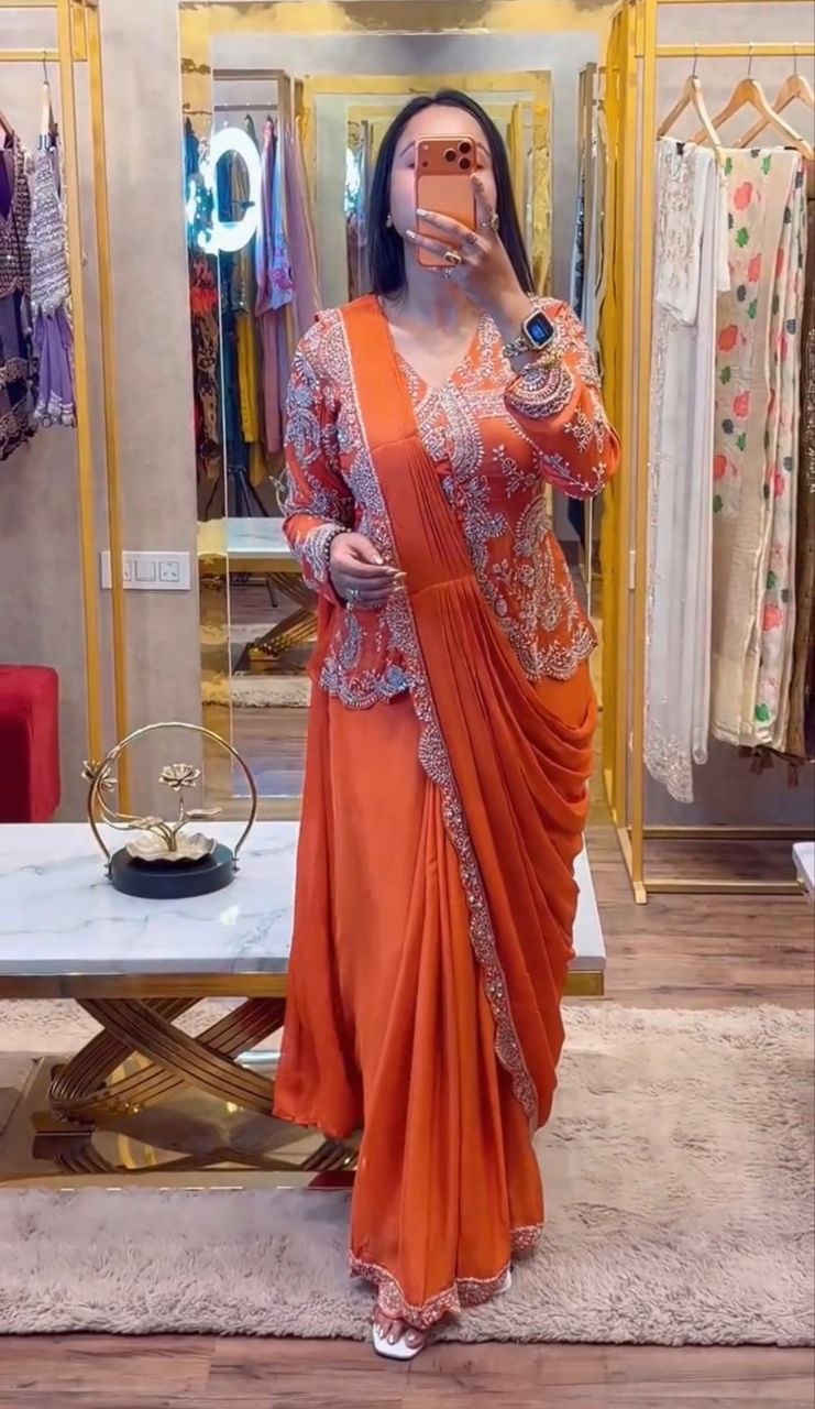 Women's Tangerine Orange Designer Ready-to-Wear Saree with Heavy Embroidered Jacket