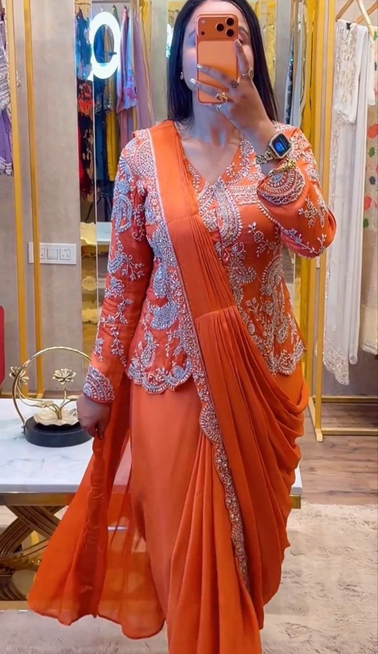 Women's Tangerine Orange Designer Ready-to-Wear Saree with Heavy Embroidered Jacket