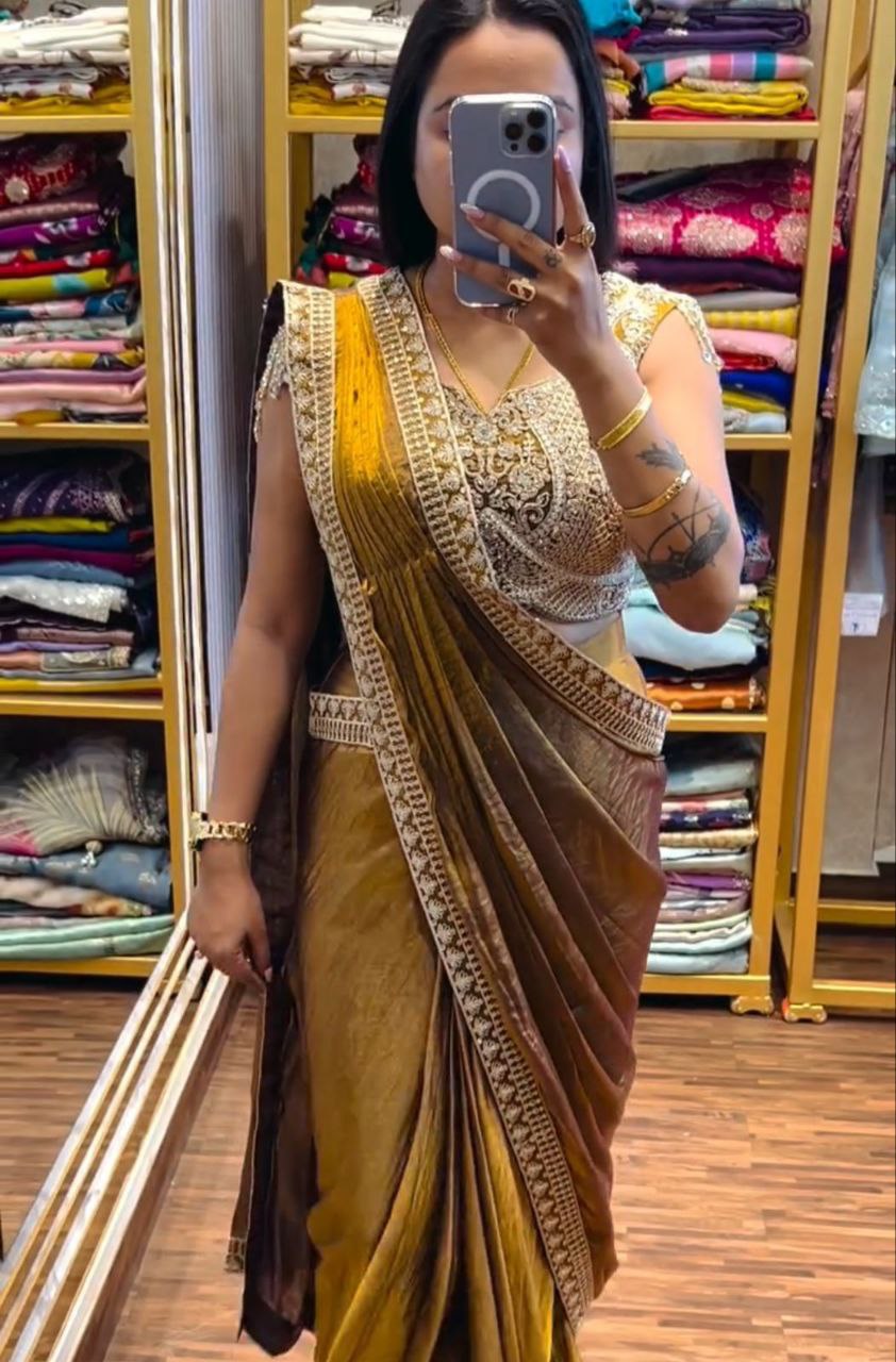 Simhera Threads  Women's Coffee Brown Traditional Saree with Antique Gold Embroidered Border