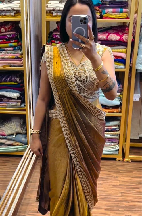 Simhera Threads  Women's Coffee Brown Traditional Saree with Antique Gold Embroidered Border