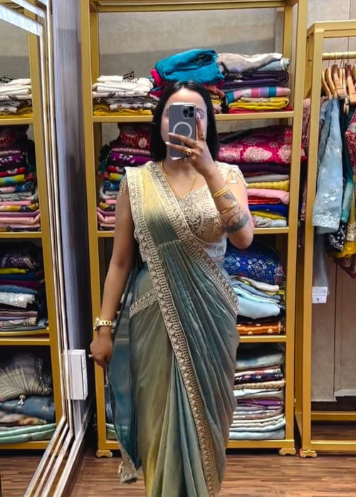 Simhera Threads   Women's Aqua Blue Traditional Saree with Gold Embroidered Border
