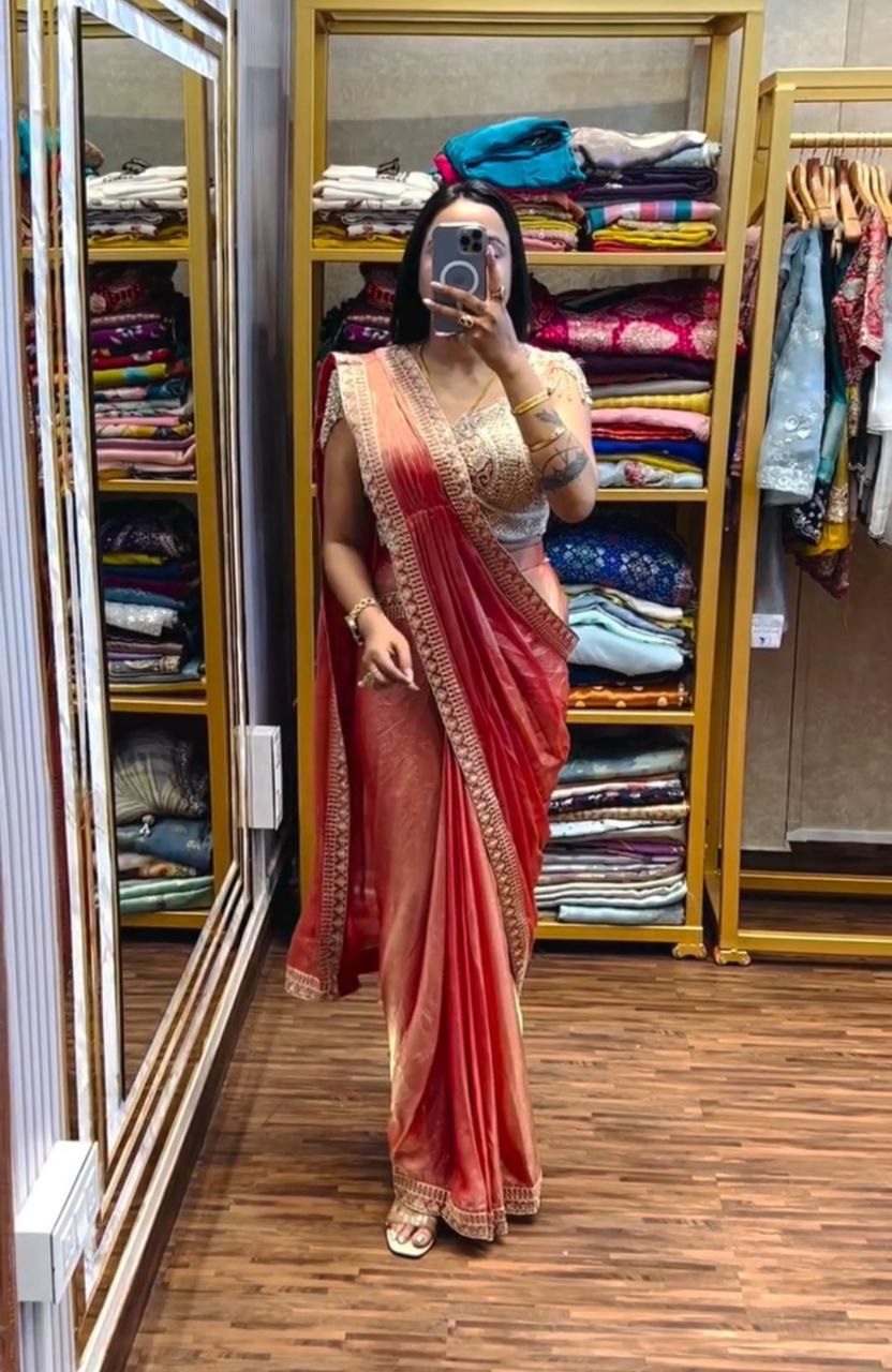 Women's Rose Pink & Peach Dual-Tone Saree with Gold Embroidered Border