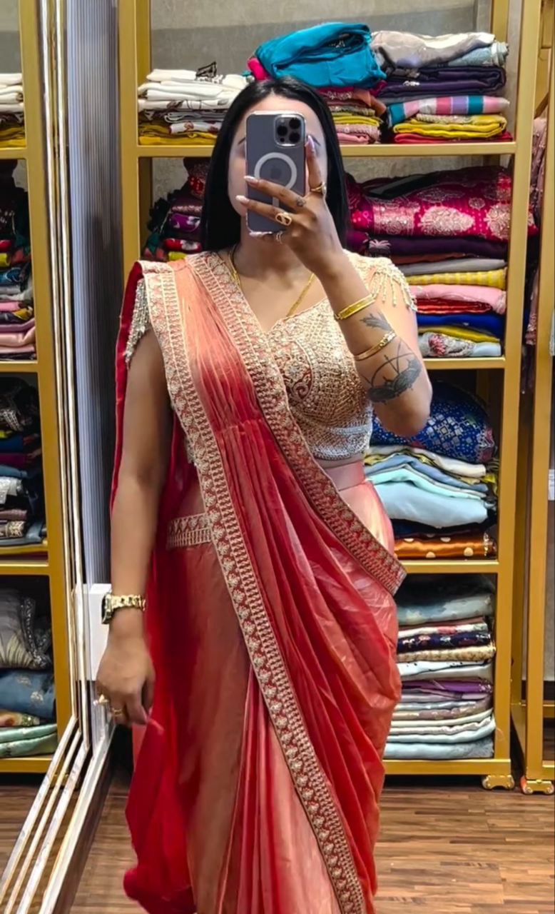 Women's Rose Pink & Peach Dual-Tone Saree with Gold Embroidered Border