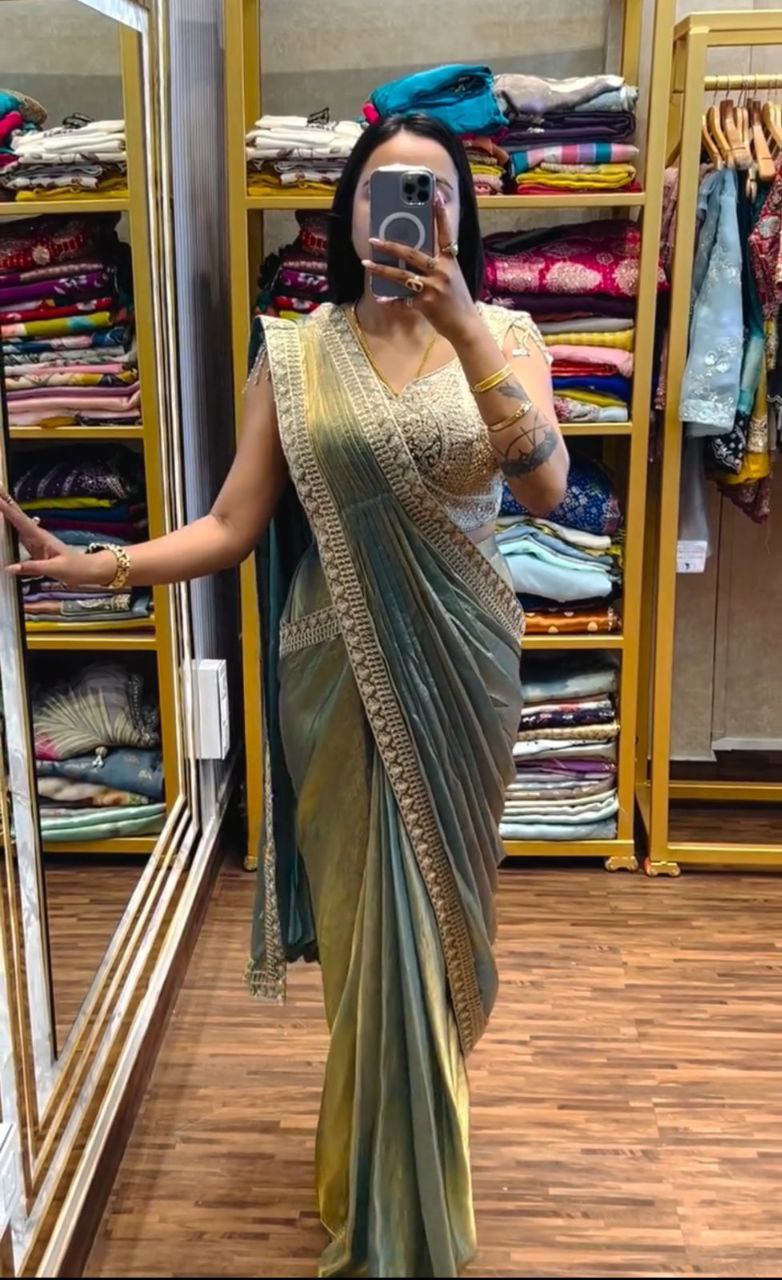 Simhera Threads   Women's Aqua Blue Traditional Saree with Gold Embroidered Border