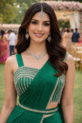Simhera Threads  Women's Emerald Green Embellished Ready-to-Wear Saree with Beaded Blouse