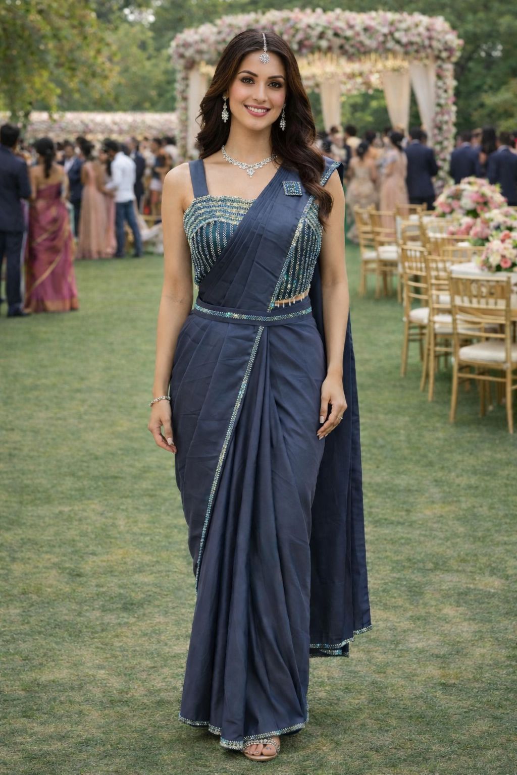 Simhera Threads  Women's Midnight Blue Embellished Ready-to-Wear Saree with Beaded Blouse