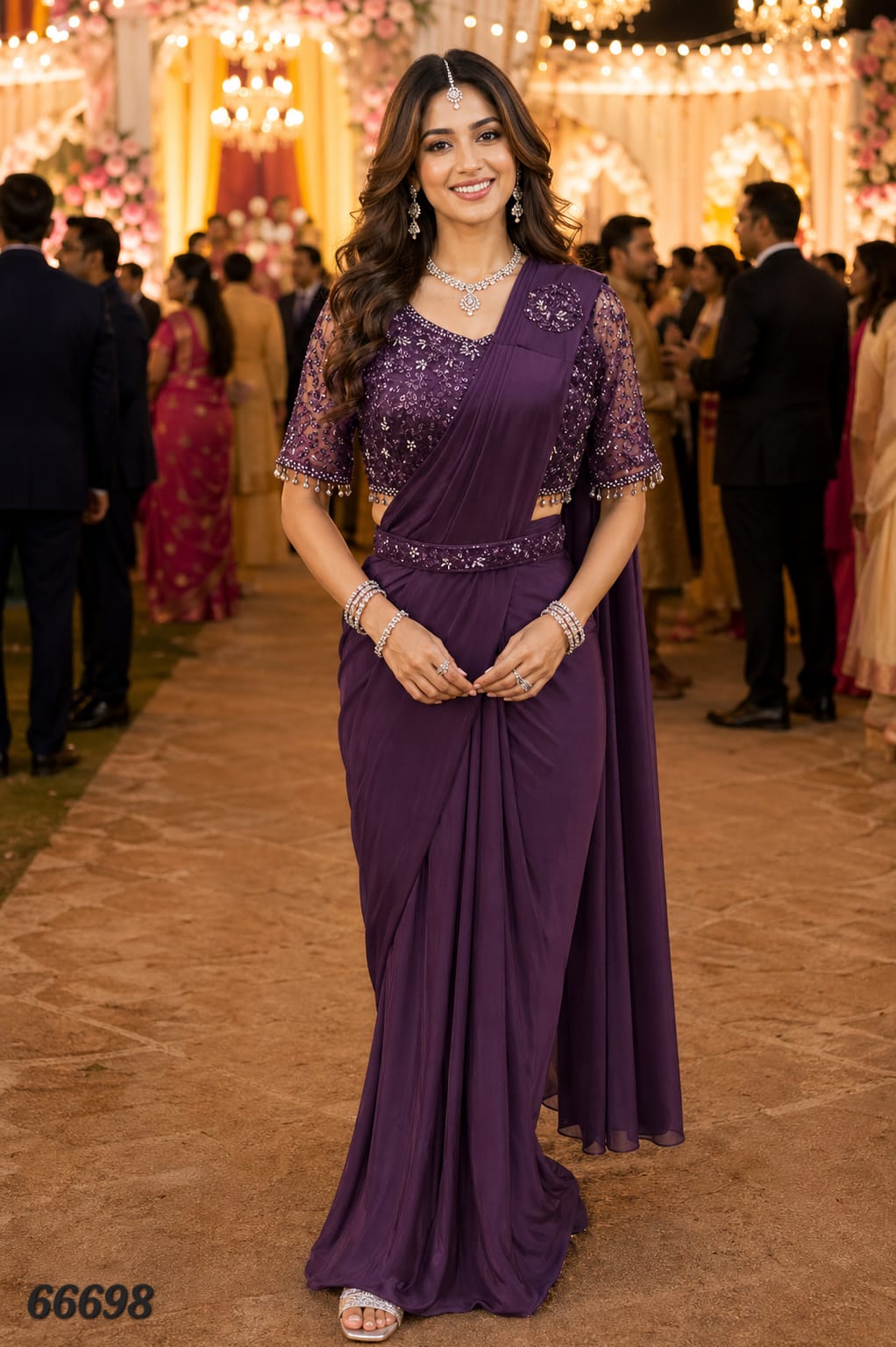 Simhera Threads  Women's Royal Purple Designer Ready-to-Wear Saree with Embellished Half-Sleeve Blouse