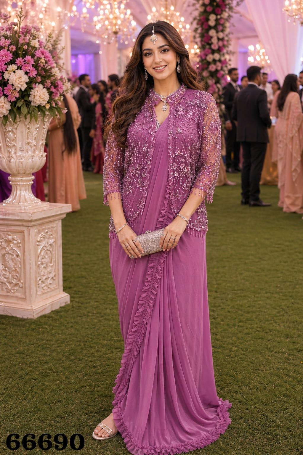 Simhera Threads  Women's Dusty Rose Pink Designer Saree with Embellished Sequined Jacket