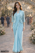 Simhera Threads  Women's Ice Blue Embellished Ready to Wear Saree with Sequined Net Jacket