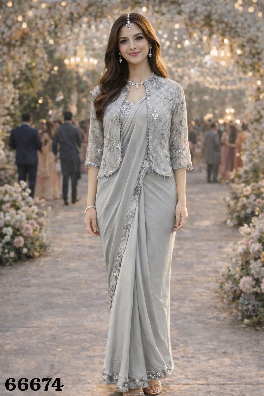 Simhera Threads  Women's Silver Grey Embellished Ready to Wear Saree with Sequined Net Jacket