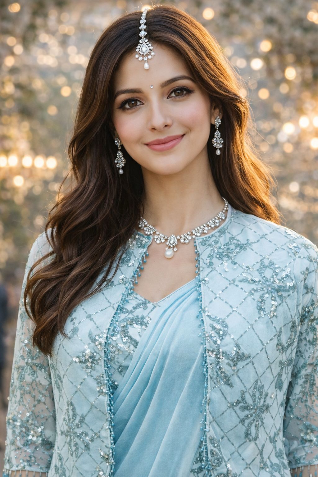 Simhera Threads  Women's Ice Blue Embellished Ready to Wear Saree with Sequined Net Jacket