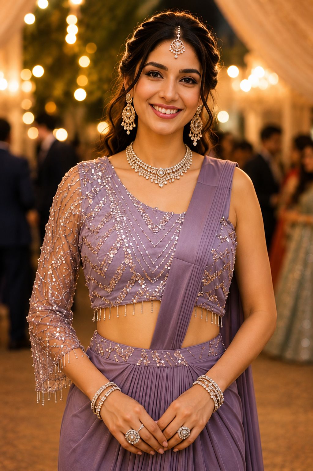 Simhera Threads  Women's Mauve Lavender Designer Ready-to-Wear Saree with One-Shoulder Embellished Blouse