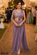 Simhera Threads  Women's Mauve Lavender Designer Ready-to-Wear Saree with One-Shoulder Embellished Blouse