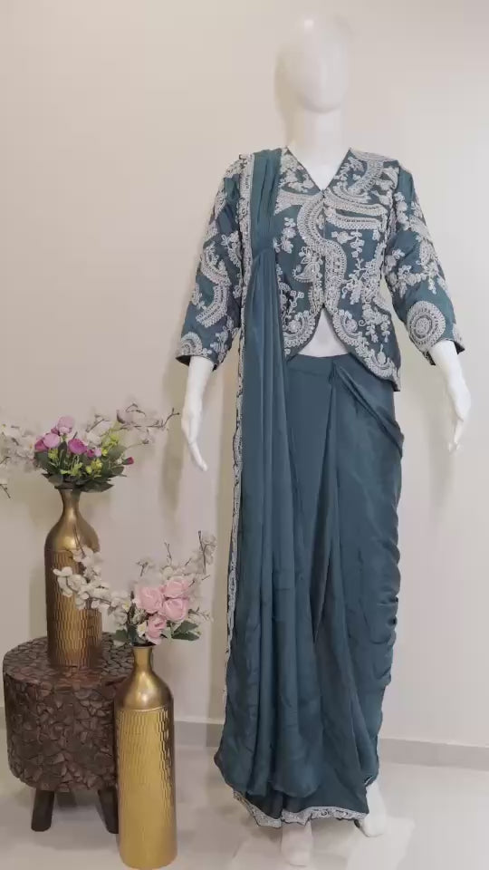 Simhera Threads  Women's Peacock Teal Designer Ready-to-Wear Saree with Heavy Embroidered Jacket